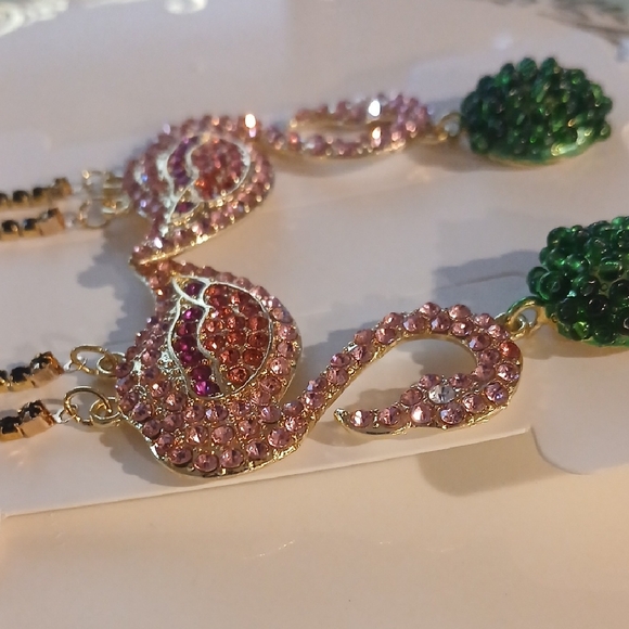 Rhinestone Extra Long Flamingo Earrings with Green and Pink Accents - Picture 7 of 7